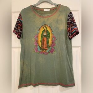 American Bling Distressed Virgin Mary Cheetah Print XL T-Shirt.           2865-X